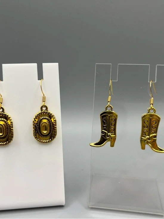 Gold Western Cowboy Boot and Hat Dangle Earrings - Handmade #E0155C - Picture 2 of 3